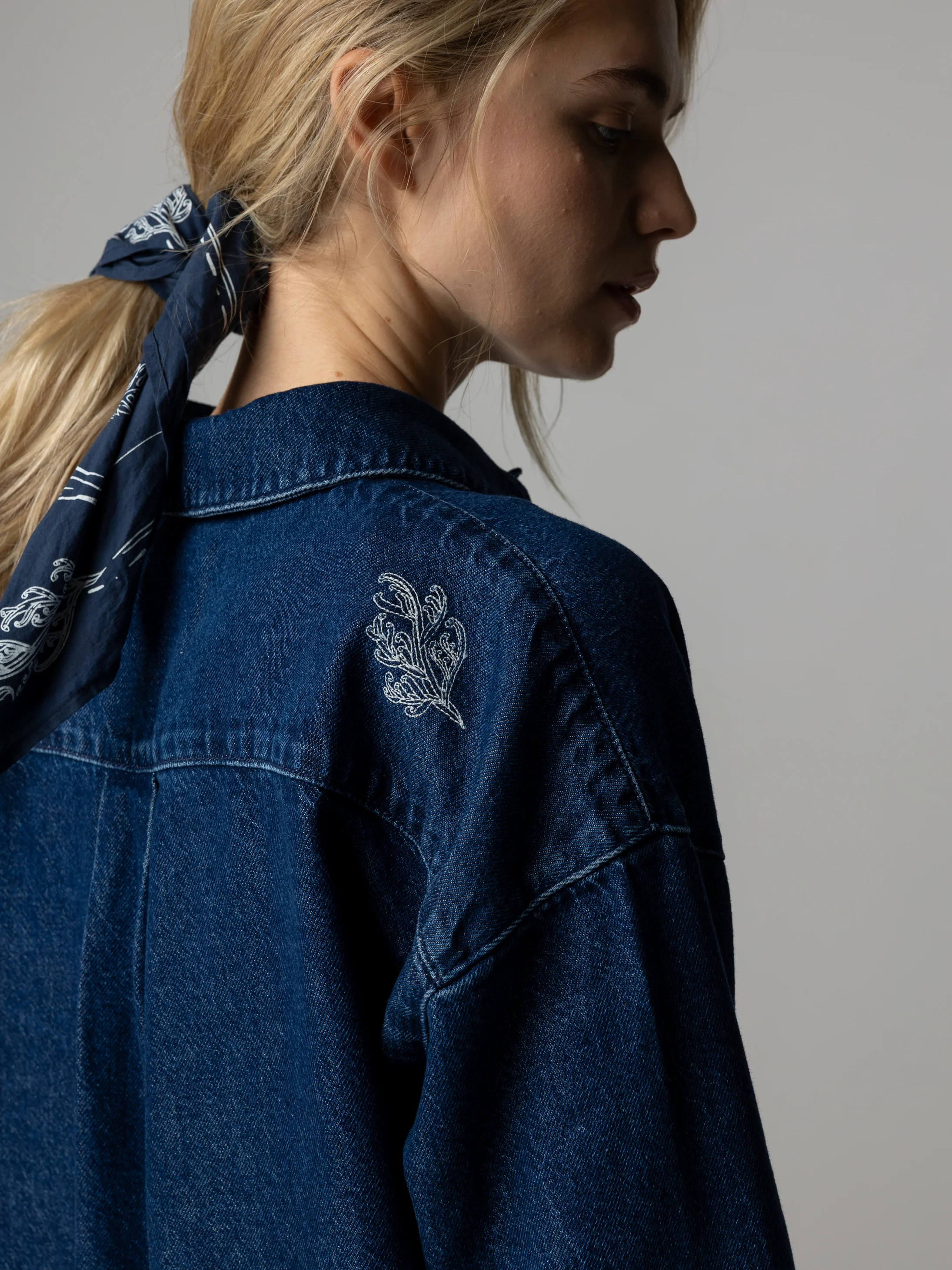Women's Floral Marine Denim Shirt - Image 3