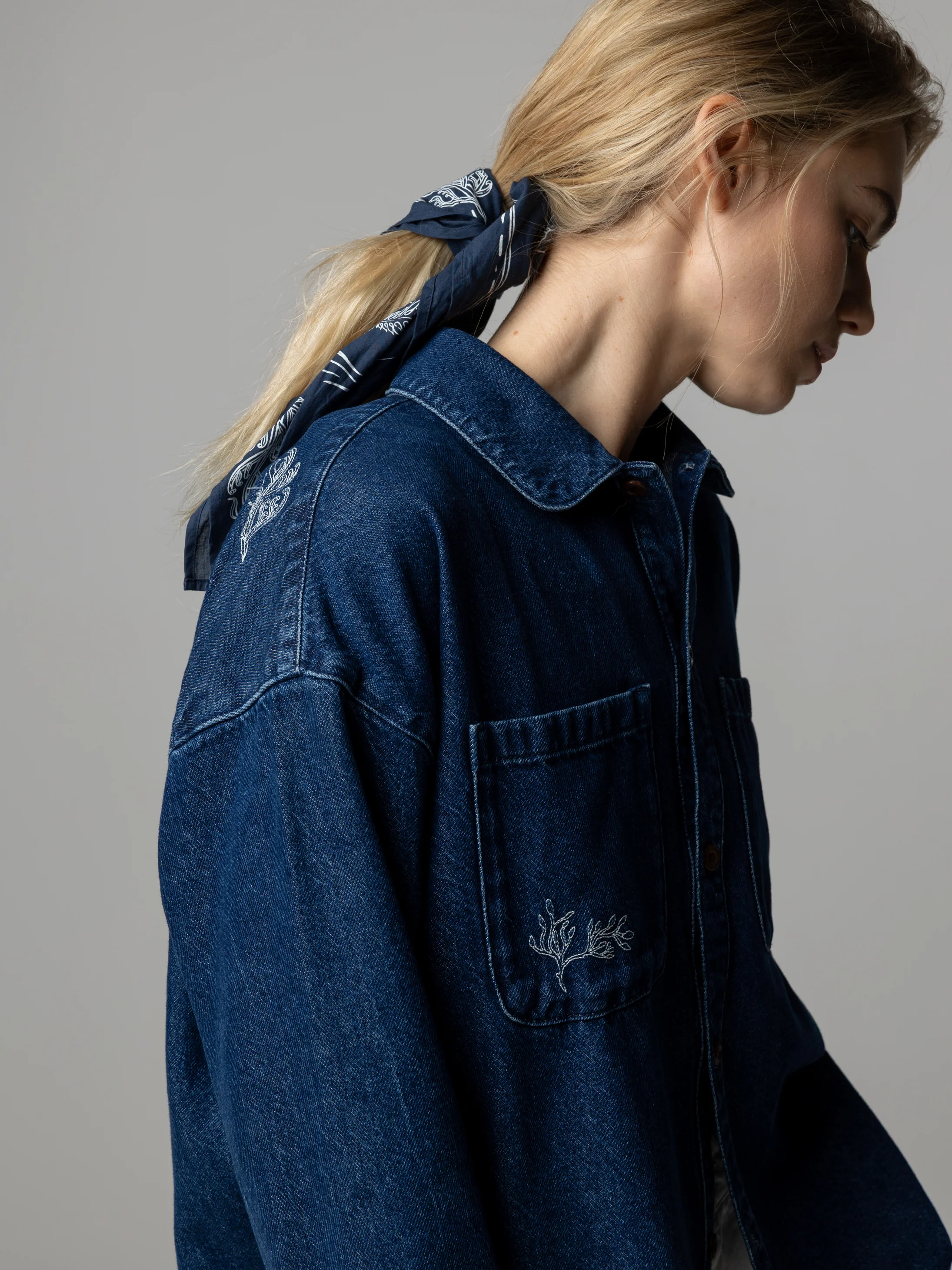 Women's Floral Marine Denim Shirt - Image 7